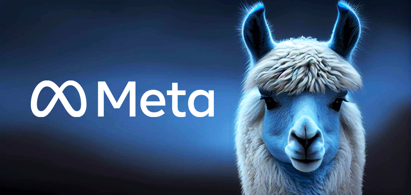 Meta logo and blue Llama on blue background.