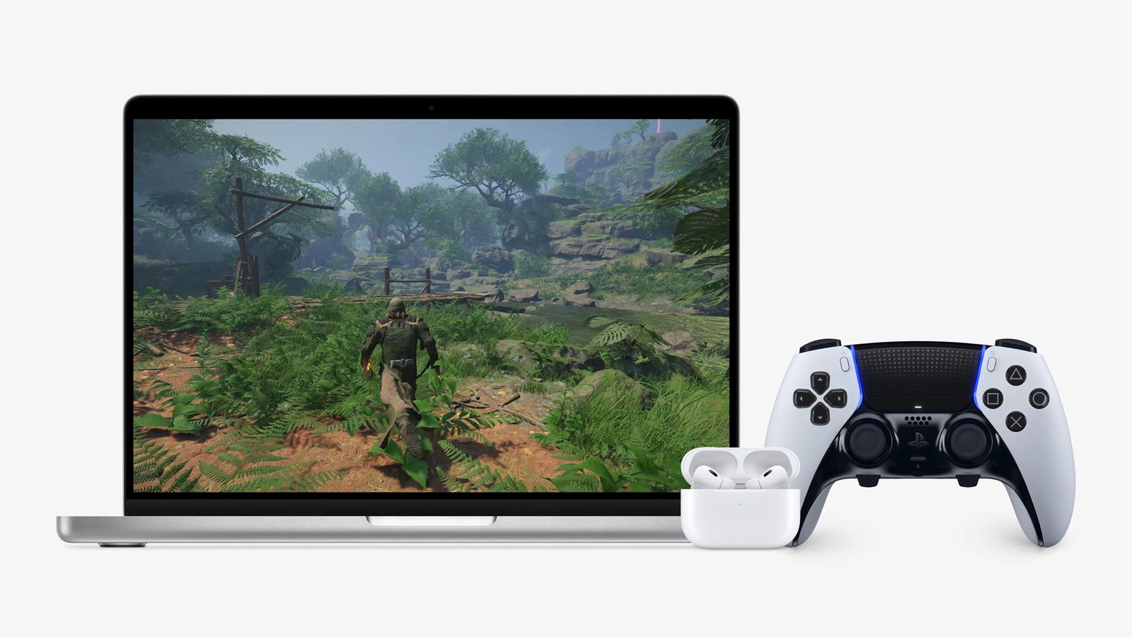 Apple promotional image of MacBook Pro, AirPods, and Playstation 5 controller.