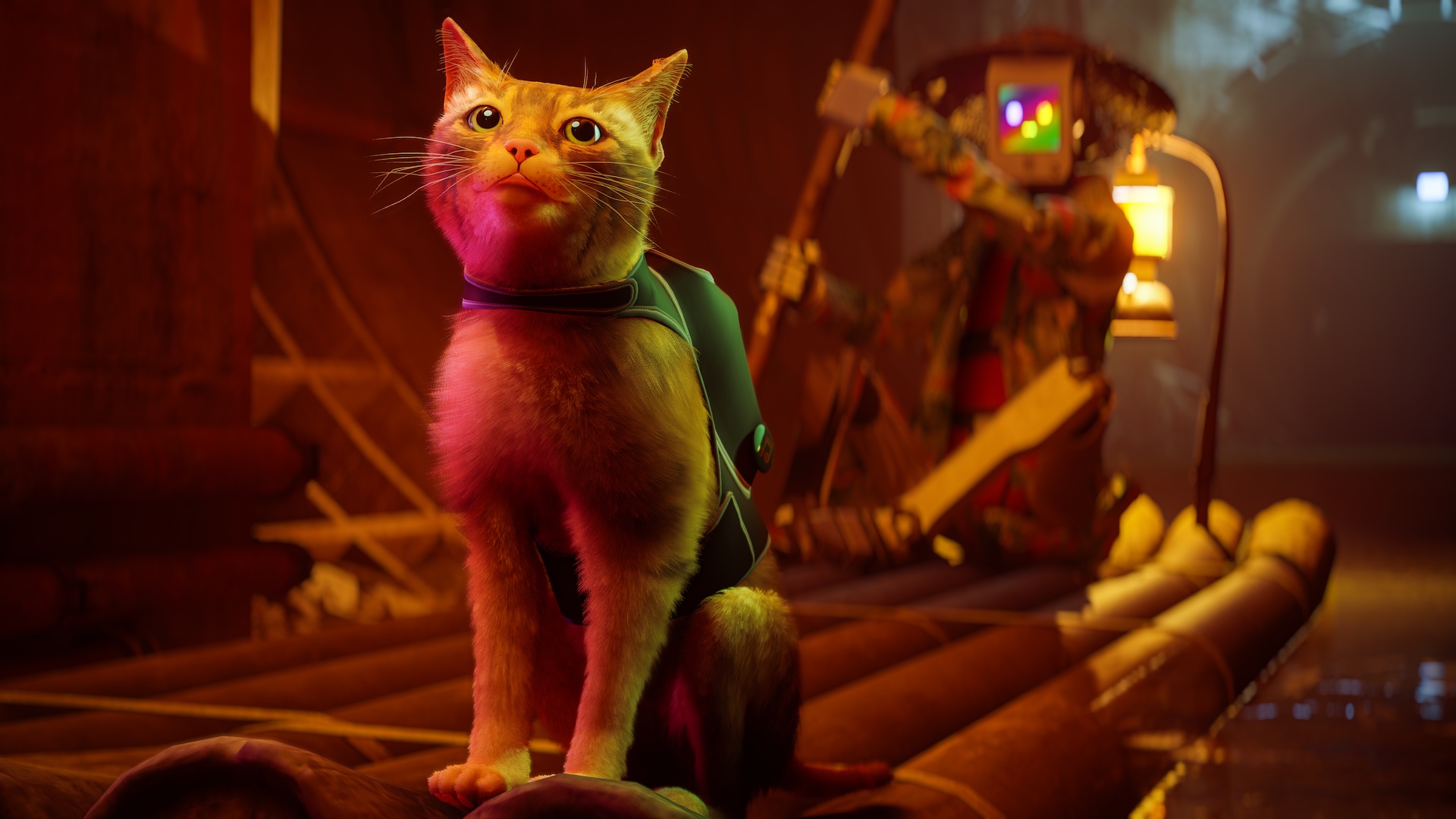 Screenshot from the game Stray. a cat on a boat