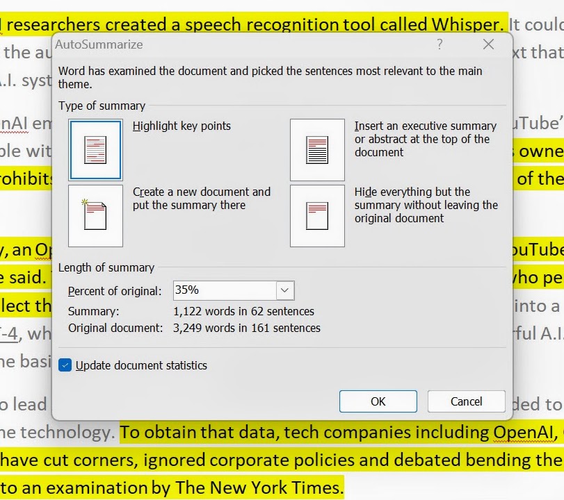 A screenshot of the summary tool working with a New York Times article.