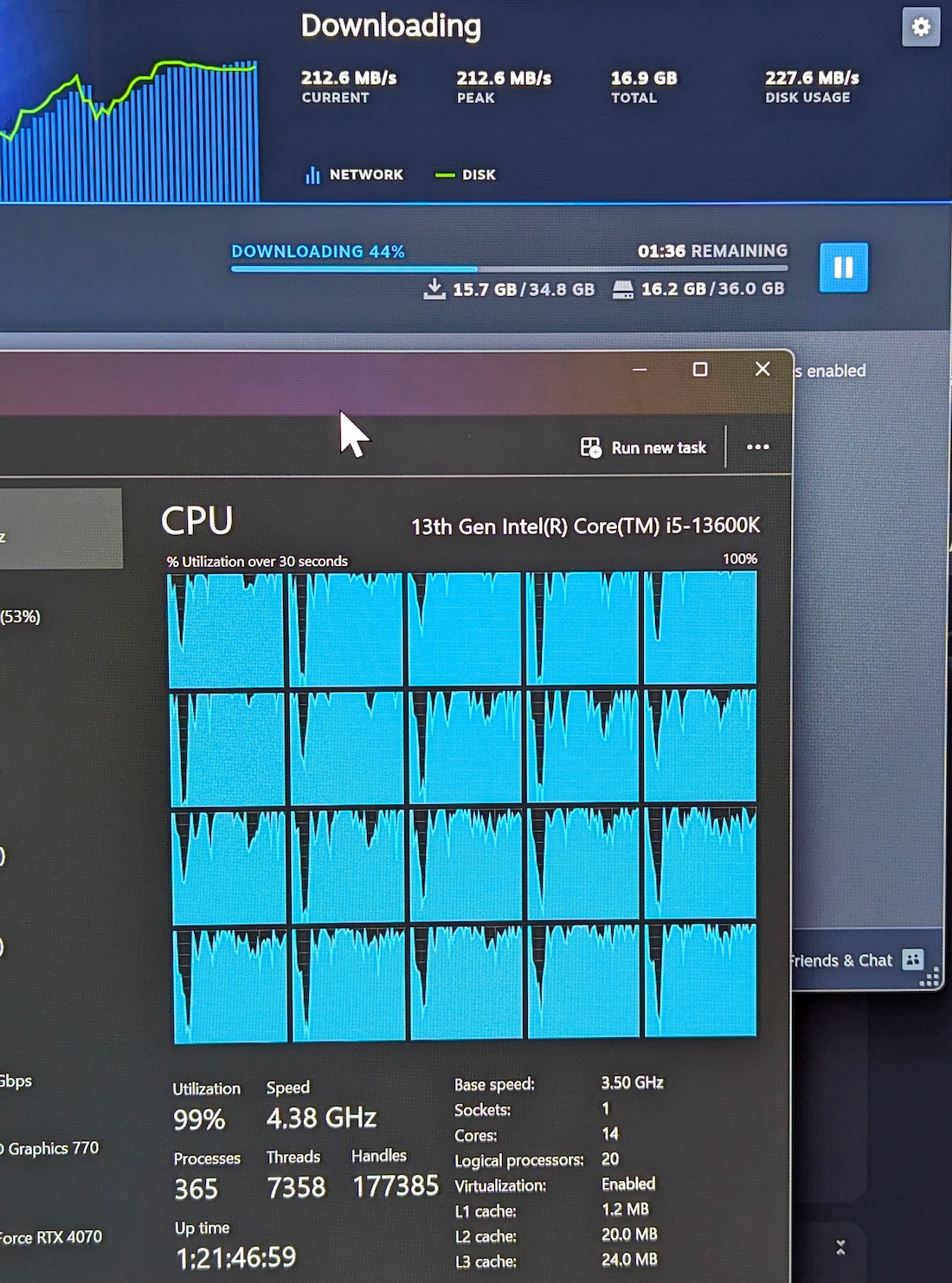 A Steam download over a 2.5 Gig Internet connection with Intel i5-13600K